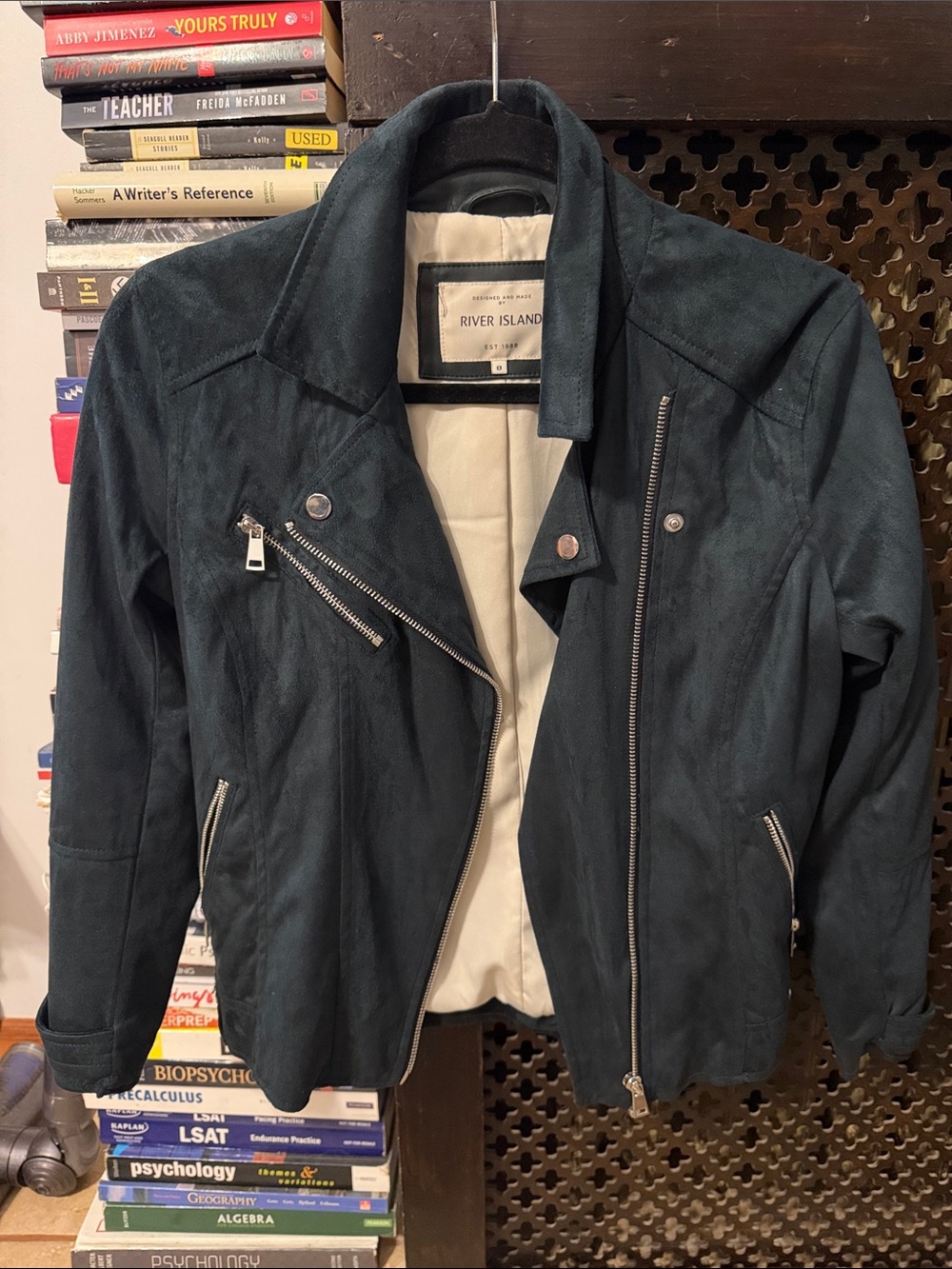 River Island Dark Teal Suede-Effect Biker Jacket